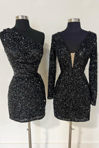 Sparkly Light Purple Sequins V-neck Long Sleeves Bodycon Homecoming Dress