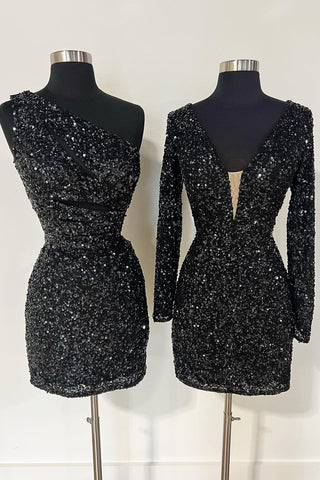 Sparkly Light Purple Sequins V-neck Long Sleeves Bodycon Homecoming Dress