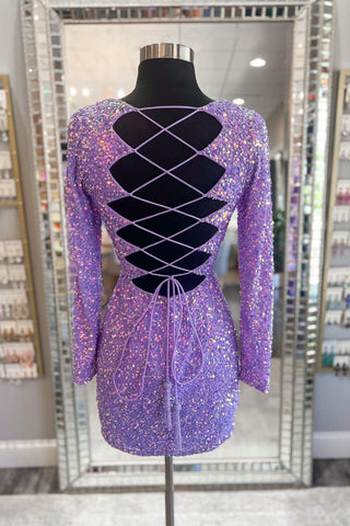 Sparkly Light Purple Sequins V-neck Long Sleeves Bodycon Homecoming Dress