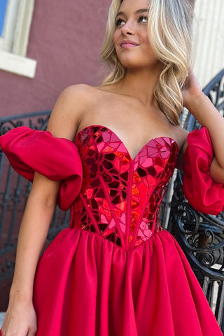 Sparkly Satin Strapless A-Line Corset Homecoming Dress with Puff Sleeves