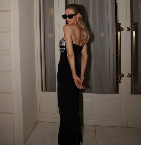 Vestido largo ajustado de alta calidad, color negro, ideal para fiestas de noche o eventos de celebridades en la alfombra roja. Vestido largo sexy sin tirantes con pedrería y vendaje.