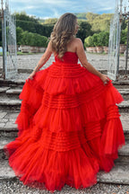 Vestido largo de fiesta de tul sin tirantes, corte en A, con volantes escalonados