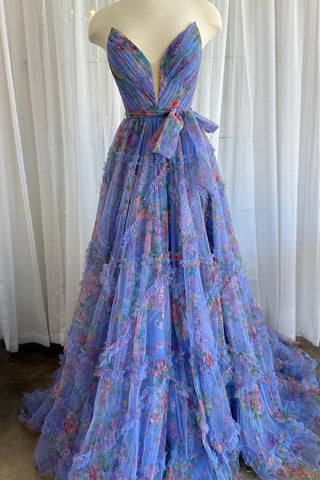 Robe de bal trapèze en tulle imprimé floral avec décolleté cœur et fente
