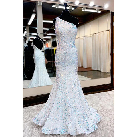 Unique One Shoulder Sequins Burgundy Prom Dress Glitter