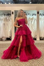 Vestido largo de fiesta de tul sin tirantes, corte en A, con volantes escalonados