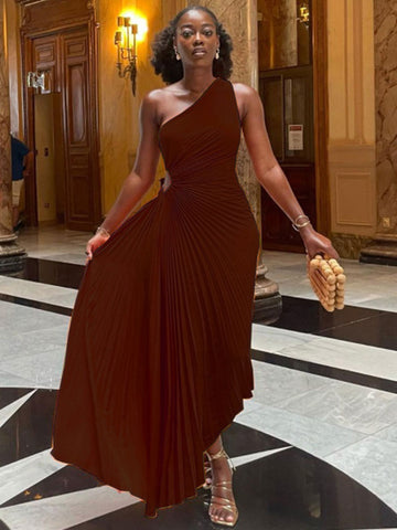 Robe trapèze plissée sans manches à taille roulée, sans manches, à une épaule, sexy, style bal de promo et soirée.