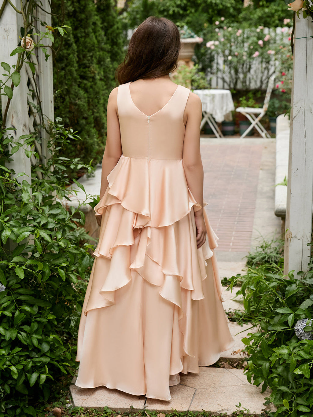 Vestido de niña de las flores de corte A, de gasa color melocotón claro hasta el suelo 