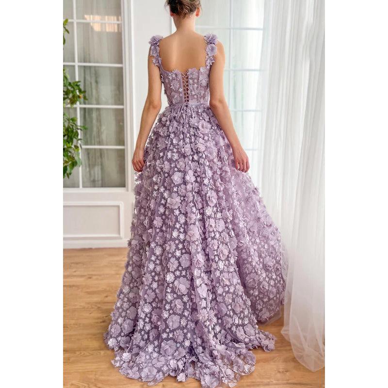 Vestido de fiesta formal de corte A con tirantes cuadrados, glamuroso y dramático, con flores