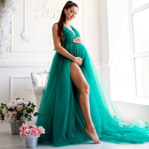 Vestido de maternidad con escote en V y abertura alta para barriga grande, vestido de tul, vestido largo de noche de malla drapeada para embarazadas