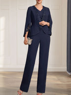 Combinaison/Tailleur-pantalon deux pièces, robe longue en mousseline à col V pour la mère de la mariée