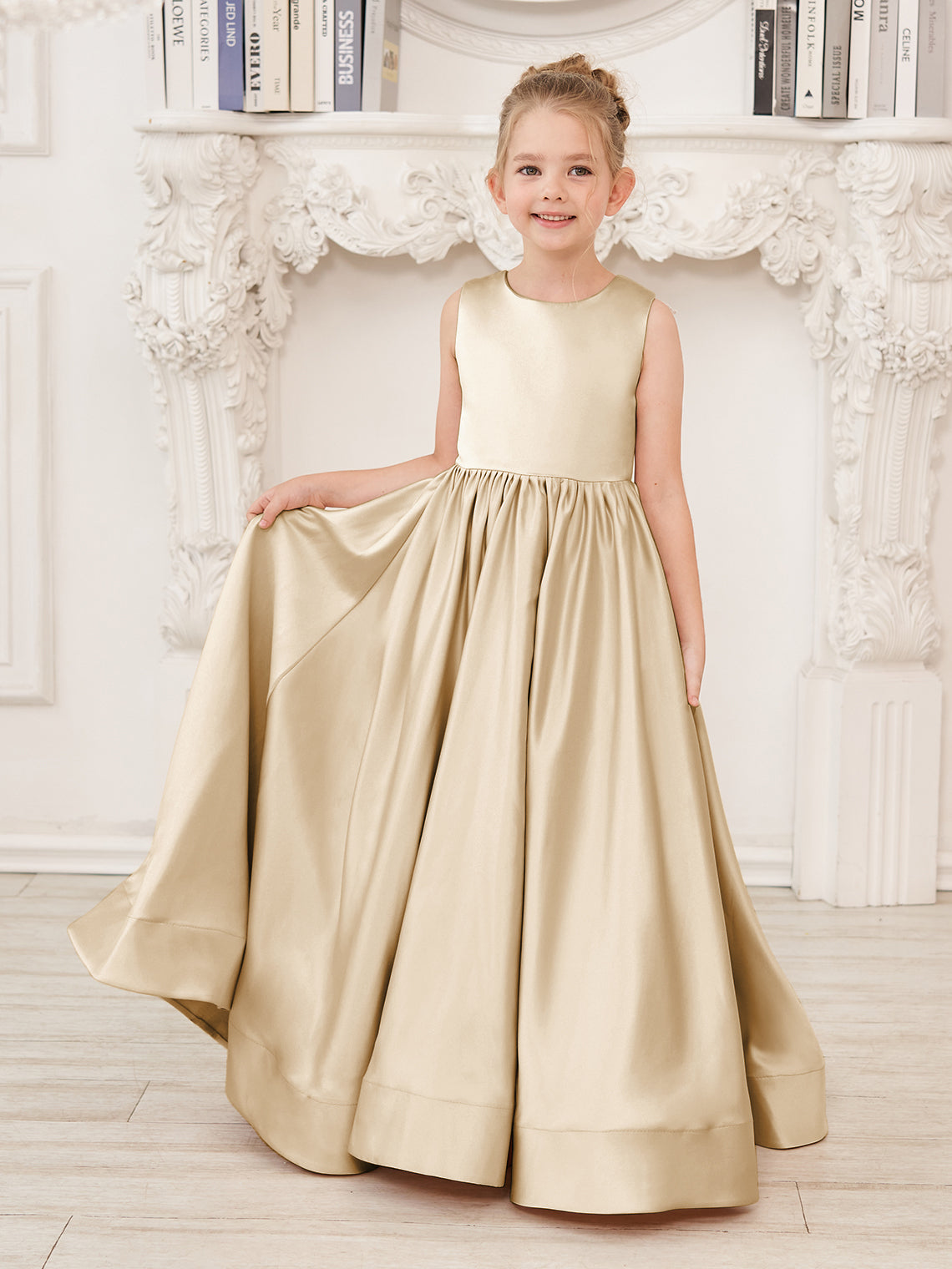 Vestido de niña de las flores de corte A, de satén y encaje, hasta el suelo 