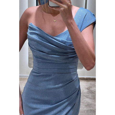 Sheath/column One Shoulder Pleats Sparkly Long Formal Evening Dress with Slit