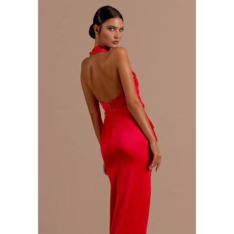 Vestido de noche largo de satén con escote en V, corte tubo y abertura lateral