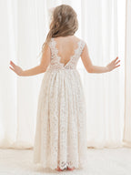 Vestido boho de niña de las flores color marfil, corte en A, de encaje y largo hasta el tobillo 
