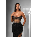 Vestido de fiesta largo negro con cuentas y sin tirantes