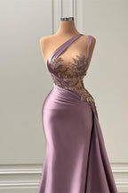 Vestido largo de sirena sin mangas, de satén y encaje, con un solo hombro, ideal para fiestas.