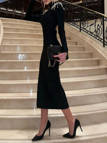 Vestidos de noche midi de manga larga, espalda cruzada, abertura lateral, cuello alto con borlas, corte ajustado. 