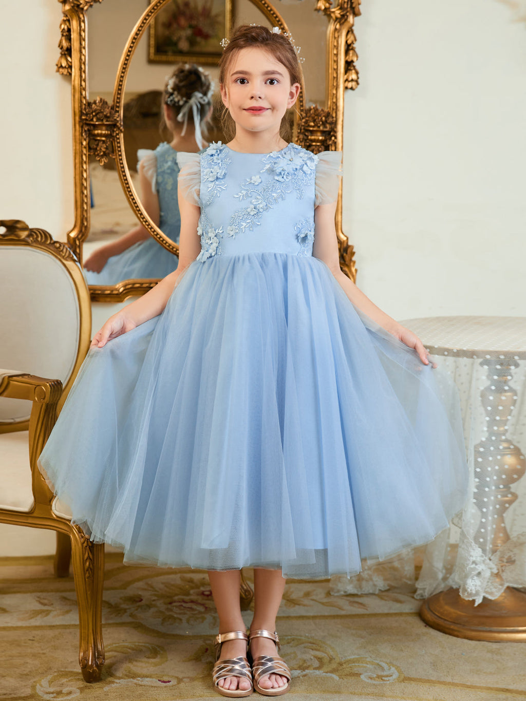 Vestido de baile/princesa de satén y tul azul hasta la rodilla (2003225970) 