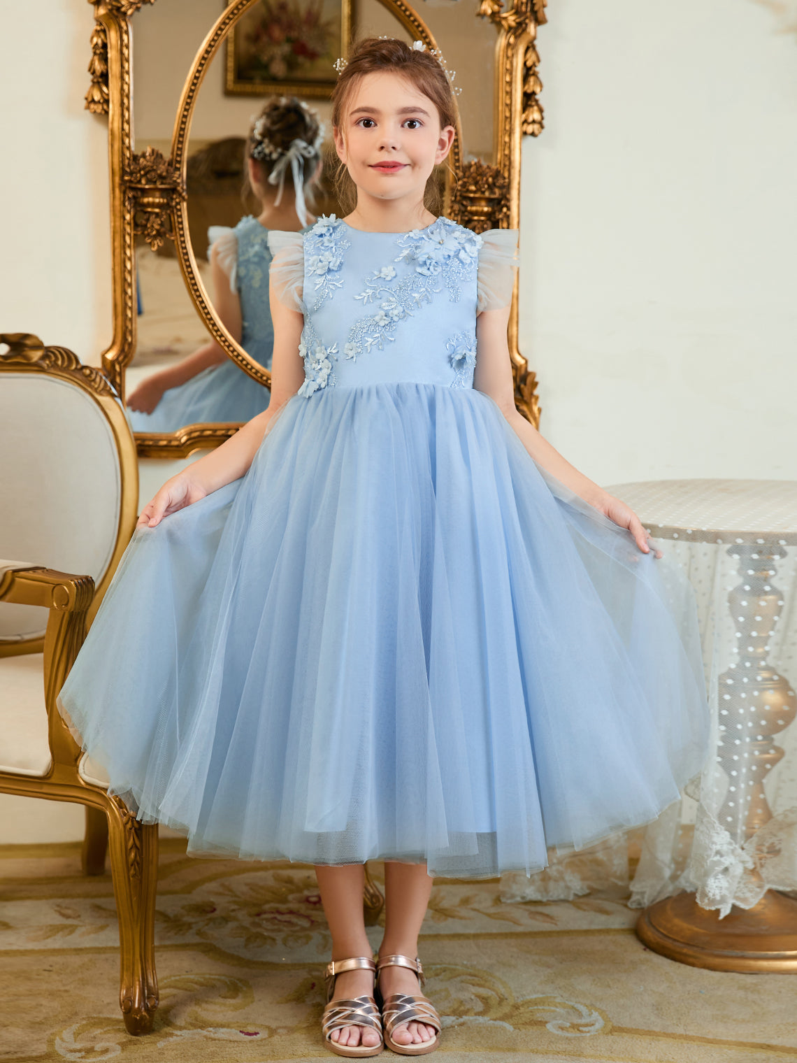 Vestido de baile/princesa de satén y tul azul hasta la rodilla (2003225970) 