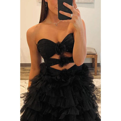 Sweetheart Strapless A-line Illusion Tiered with Side Slit Party Prom Evening Dress