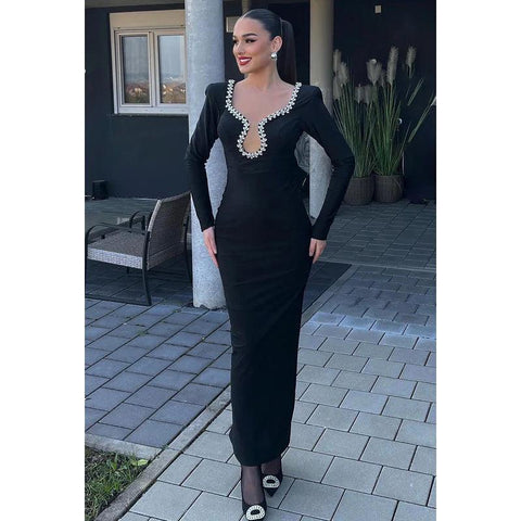 Elegant & Luxurious Rhinestone Long Sleeves V-neck Sheath Evening Prom Dress