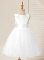 Vestido de princesa/vestido de princesa de satén y tul hasta la rodilla para niña de las flores 
