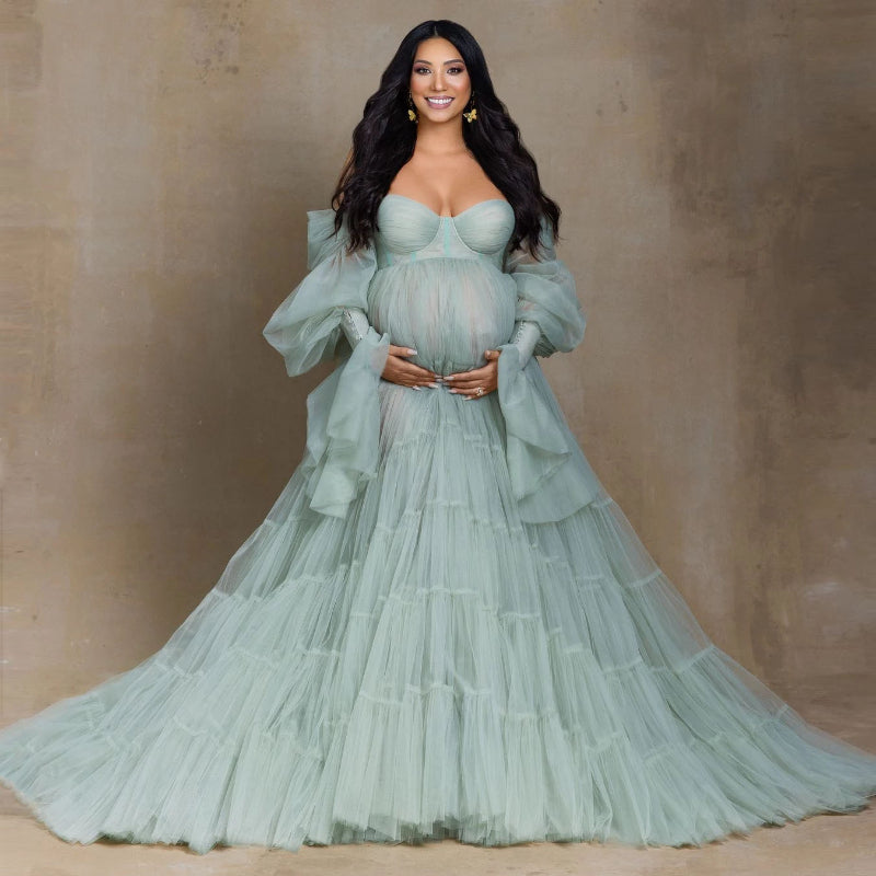 Elegante vestido de maternidad de tul para sesión de fotos, bata de novia con mangas abullonadas con volantes, vestidos de maternidad verdes para fotografía de embarazo