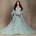 Elegante vestido de maternidad de tul para sesión de fotos, bata de novia con mangas abullonadas con volantes, vestidos de maternidad verdes para fotografía de embarazo
