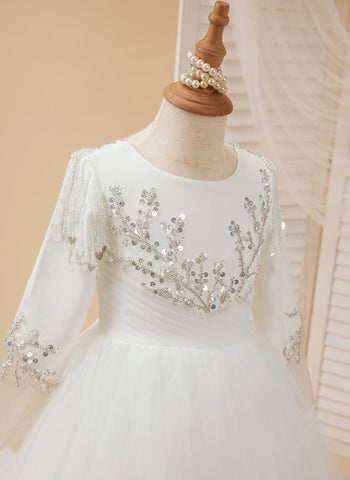 Vestido blanco de niña de las flores para la Primera Comunión, corte en A, satén y tul con cola de corte 