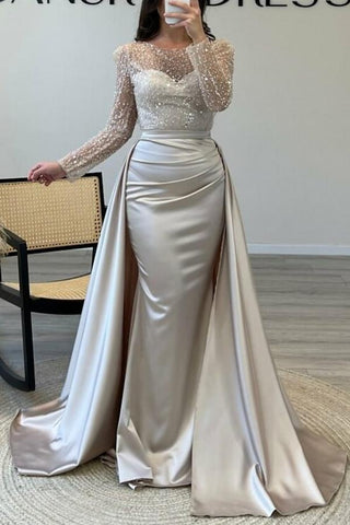 Long Sleeves Scoop Evening Dress Mermaid Overskirt With Sequins