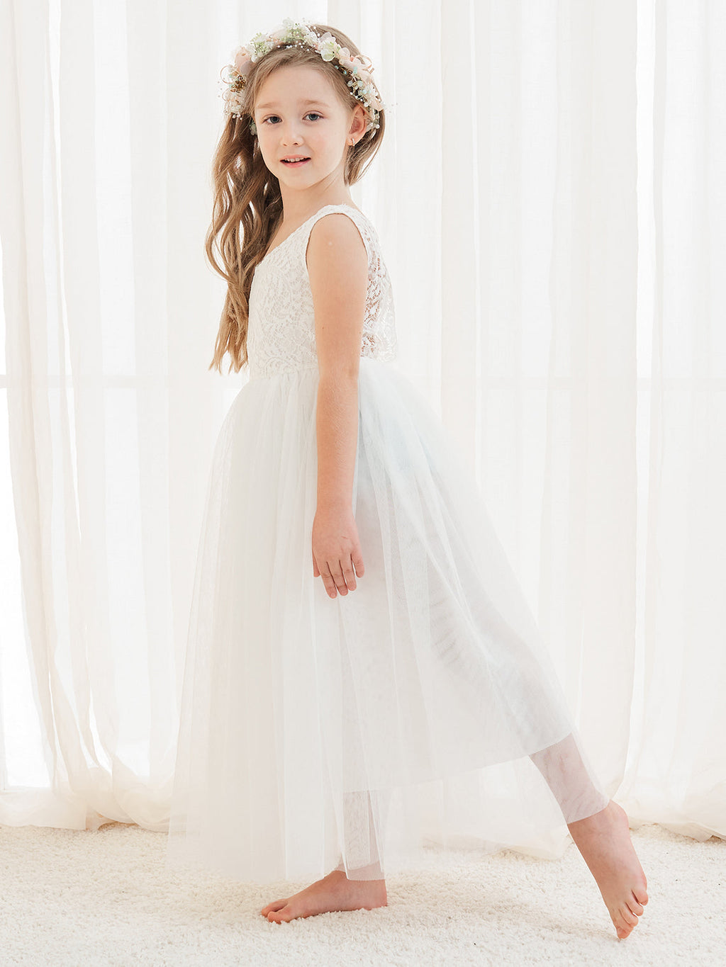 Vestido blanco de tul y encaje de corte A hasta el tobillo (2003227597) 