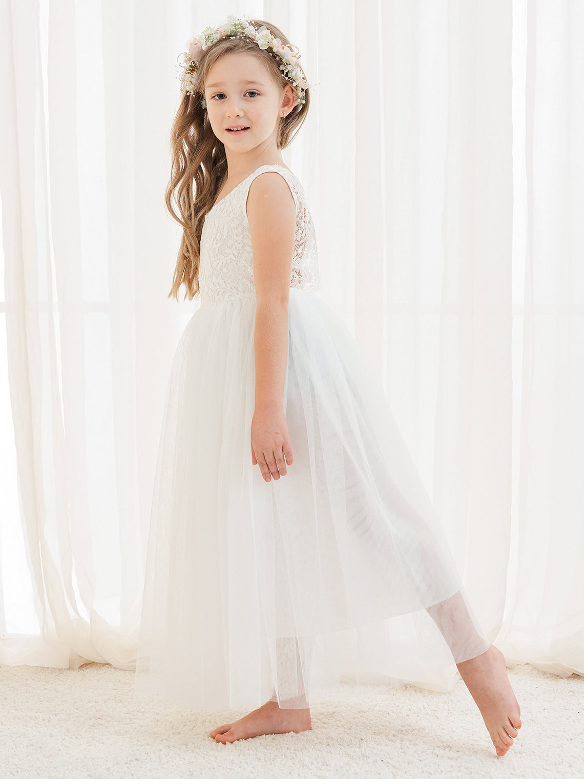 Vestido blanco de tul y encaje de corte A hasta el tobillo (2003227597) 