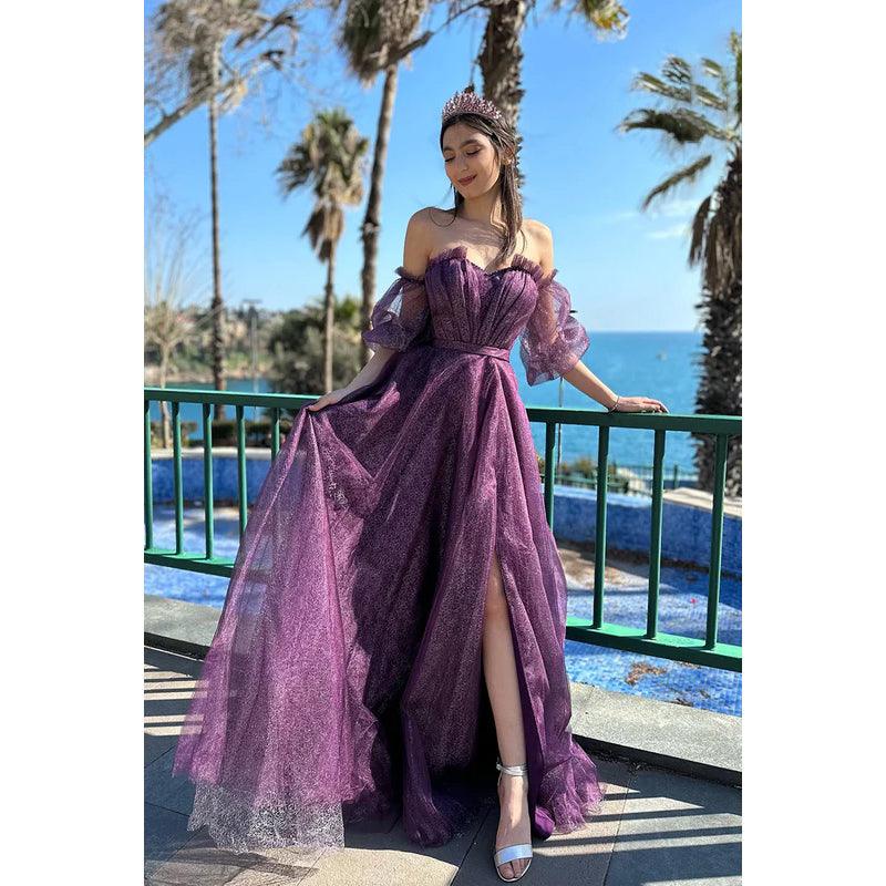 Vestido de fiesta formal de tul brillante, glamuroso y dramático, con corte en A, mangas cortas y hombros descubiertos