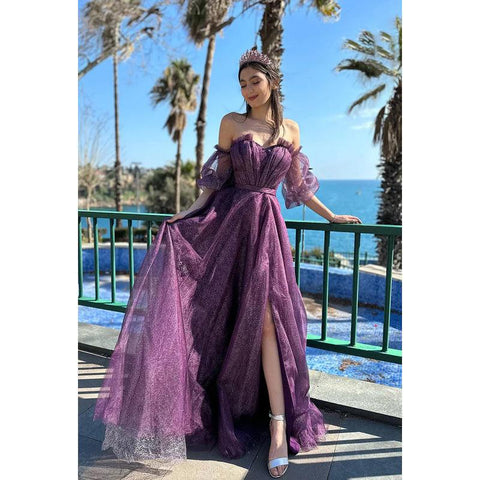 Glamorous & Dramatic A-line Short Sleeves Off-Shoudler Sparkly Tulle Formal Party Prom Dress