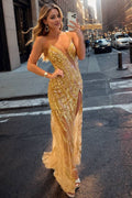 Sparkle 'til Dawn Mermaid Spaghetti Straps Golden Sequins Long Prom Dress with Split Front
