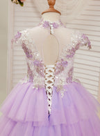 Vestido de princesa de tul lila con apliques florales y pedrería para niñas 