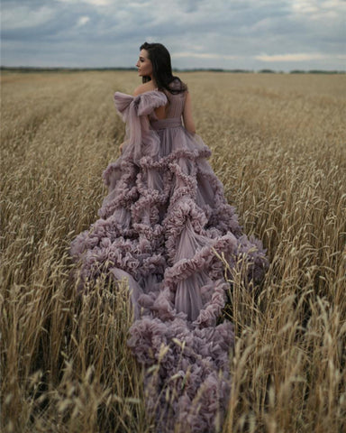 Bata premamá rosa empolvado para sesión de fotos o baby shower. Vestido elegante de tul con volantes para mujer. Bata de noche para fotografía.