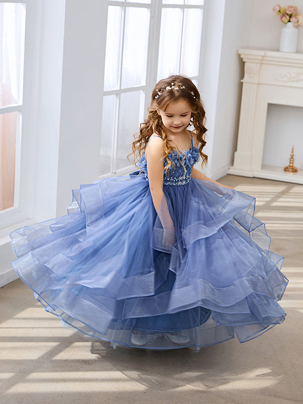 Vestido de niña de las flores de tul sin mangas, corte princesa, azul pizarra, corte en A, estilo princesa 