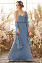 Vestido largo de gasa azul bebé para dama de honor