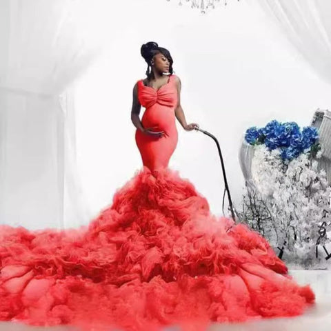 Vestido de maternidad con cintura de tul suave, corte sirena y elástico, ideal para fotos de mujeres embarazadas con barriga grande.