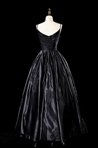 Robe de mariée noire sexy en satin à fines bretelles spaghetti, coupe trapèze, robe de soirée formelle, robe de bal Y7545