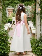 Vestido de novia de satén color marfil con lazo | Vestido de tul hasta el tobillo (010007314) 