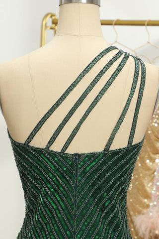 Robe fourreau verte pailletée asymétrique à perles, moulante, pour le bal de promo