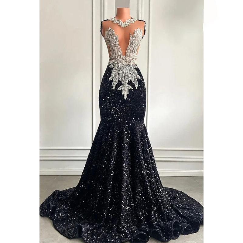 Vestido de noche de sirena con escote en V profundo, sin mangas, lentejuelas y volantes glamurosos y dramáticos