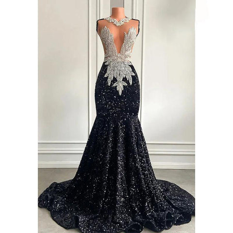 Glamorous & Dramatic Ruffles Mermiad Deep V-Neck Sleeveless Sequins Evening Prom Dress