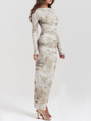 Vestidos largos de noche ajustados de manga larga con estampado, espalda con abertura, escote redondo y abertura lateral. 