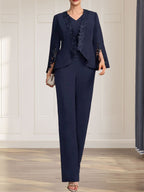 Combinaison/Tailleur-pantalon deux pièces, robe longue en mousseline à col V pour la mère de la mariée