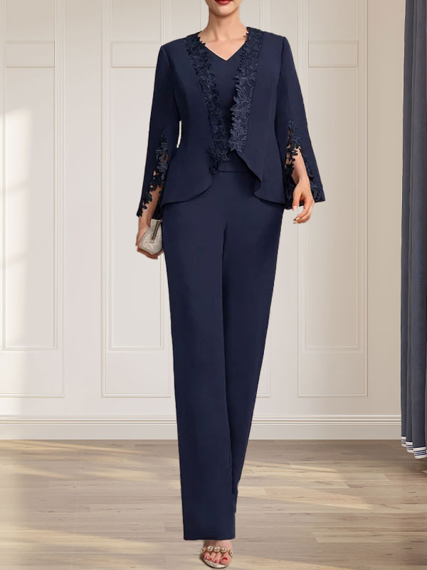 Vestido de gasa largo hasta el suelo con escote en V para la madre de la novia