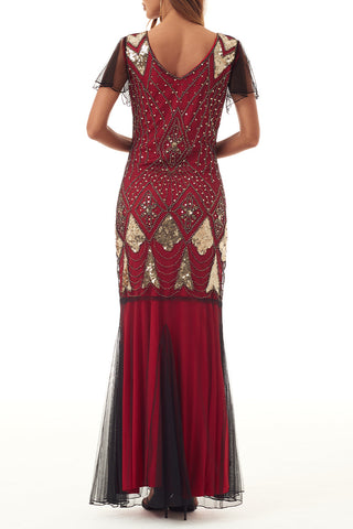 Elegante vestido de noche formal con cremallera y escote en V con cuentas. 