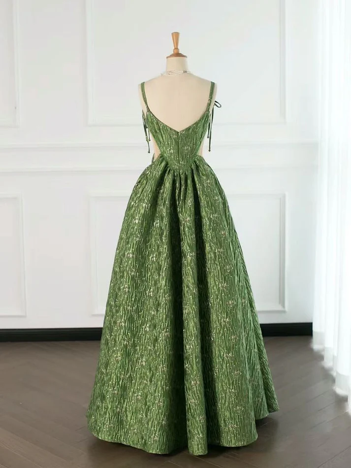 Robe de soirée verte vintage à fines bretelles, coupe trapèze, idéale pour un bal de promo ou une soirée d'anniversaire (Y7567)